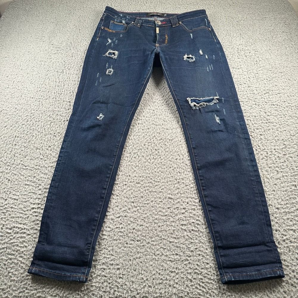 Philipp‎ Plein Jeans Mens 32 Dark Blue Straight Cut Distressed Skull Embroidery